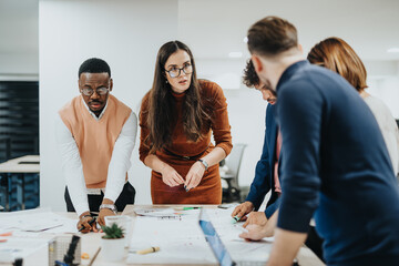 Business team works late, discussing sales strategies and project deadlines in a bright office, ensuring business growth and profitability.