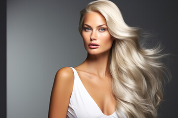 Fototapeta premium beautiful girl face with silver blond hair generative ai