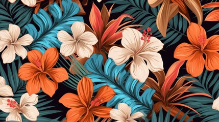 vintage style hawaiian seamless background pattern with tropical flowers and leaves,