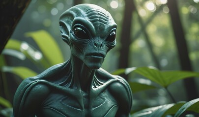 closeup of a alien in jungle on blurry green tree background, generative AI