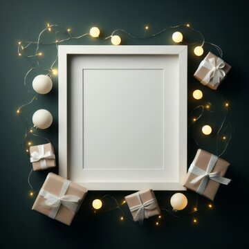Christmas or winter background. Photo frame and Christmas decorations, garland.