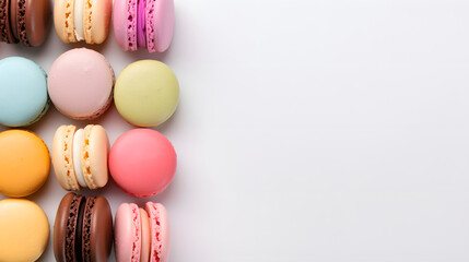 Macaroons Background, pastel colors, view from above. Delicious multicolored dessert. Cookies,...
