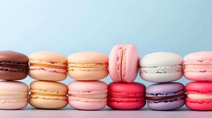 Obraz premium Macaroons close-up, side view. pastel colors, multi colored dessert. Empty space for your text. Cookies, pastries, flour products.