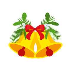 Two Christmas bells with red bow and leaf decor.