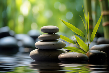 a stack or pyramid of stones, bamboo stalks near the water. a balancing pebble stone. the concept of relaxation.