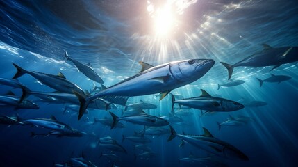 Swarm of tuna fish swimming in the sea. - obrazy, fototapety, plakaty