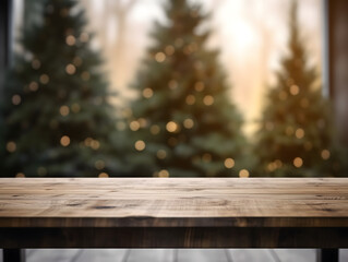 Fototapeta na wymiar Empty wood table with christmas tree in the background copy space