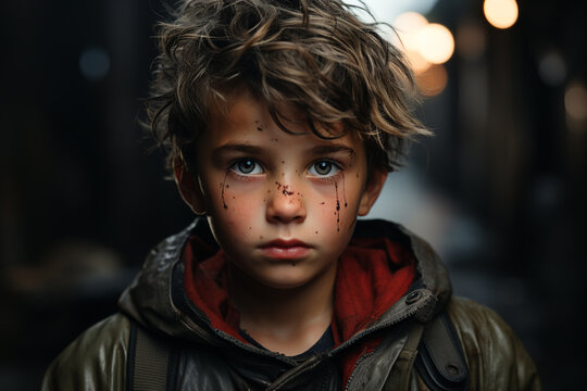 Close up view on little boy in postapocalypse era