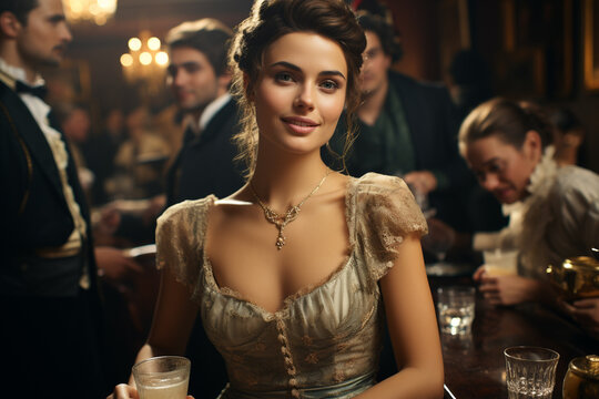 Beautiful young woman with admier in salon, 1800 years