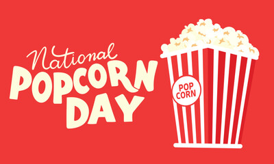 National popcorn day text banner. Handwriting text and red popcorn bucket on red background. Hand drawn vector art.