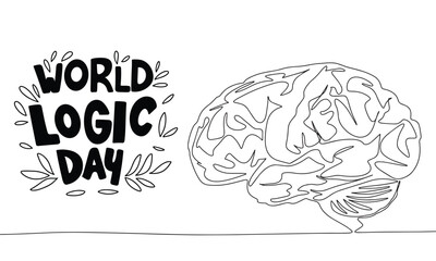 World Logic Day text banner. Handwriting text and human brain line art continuous. Hand drawn vector art.