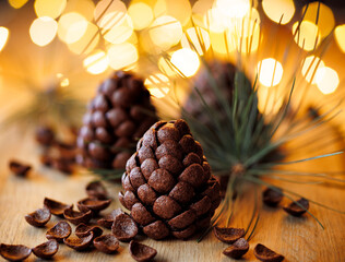 Chocolate pine cones made with chocolate cereal, focus on the pine cone in the center. Christmas delicious dessert