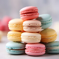 Obraz premium Macaroons close-up. A pyramid of cakes. A pile of cookies. Delicate pink and blue colors, delicious dessert.