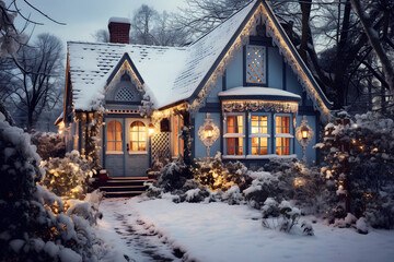 Christmas house with garlands, festive atmosphere of the new year. Beautiful outdoor decor.