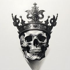 photo realistic skull wearing a crown, black and gray, profile view