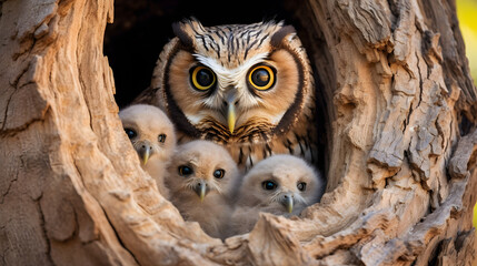 An owl family in a tree hollow protective and watchful --ar 16:9 --v 5.2 --style raw