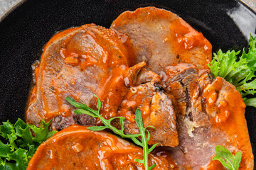 beef tongue hot sauce fresh delicious eating meal cooking appetizer food snack on the table copy...