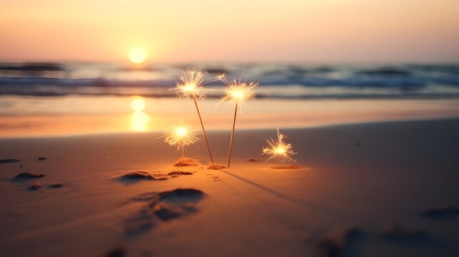 Burning sparklers on beautiful sand beach during romantic sunset, miracle candles on blurred seascape background, celebrate an event for two in nature, party on the beach concept with copy space