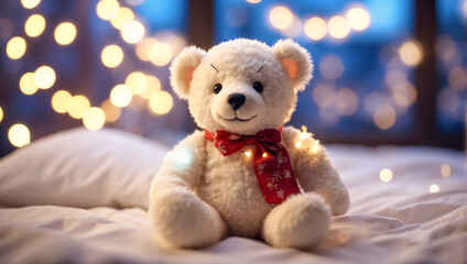 Cute teddy bear toy sitting on the bed in the bedroom decoration