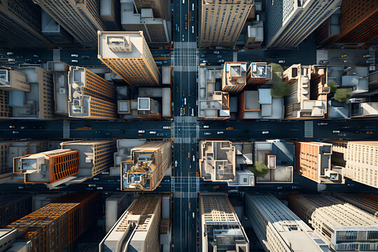 rone shot of a city, big city, top down view, birds eye view, city