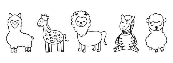 Children's coloring book of animals. Cute safari animal. Cute vector illustration of a safari animal face. Set of animals in cartoon power. The set includes a tiger, lion, giraffe, zebra, alpaca.