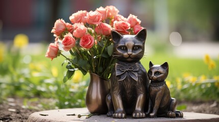 Memorial to the cat is installed in the park or in the cemetery with flowers nearby