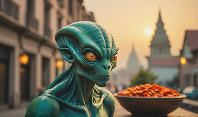 closeup of a green alien with orange eyes in front of ancient cityscape as blurry background, generative AI - obrazy, fototapety, plakaty