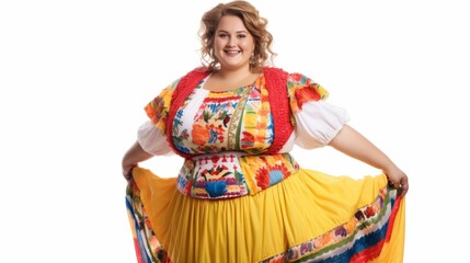Smiling woman in traditional folk costume, colorful dress with floral patterns, yellow skirt, white background, holding skirt out, cheerful expression, studio shot