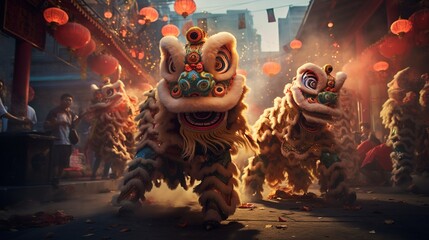 Agile lion dancers performing intricate maneuvers amidst the Mid-Autumn Festival. - obrazy, fototapety, plakaty