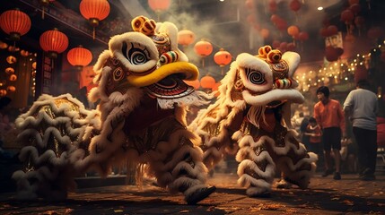 Agile lion dancers performing intricate maneuvers amidst the Mid-Autumn Festival.