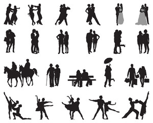 Black silhouettes of couples on white background