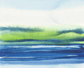 Ink watercolor hand drawn smoke flow stain blot on wet paper texture background. Green, blue pastel...