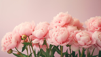 Bouquet of stylish peonies close-up. Pink peony flowers. Close-up of flower petals. Floral greeting card or wallpaper. Delicate abstract floral pastel background. Greeting card. Generated AI