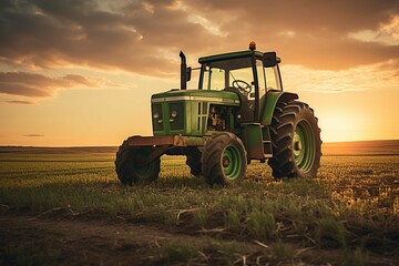 A green tractor in a field with the sun setting