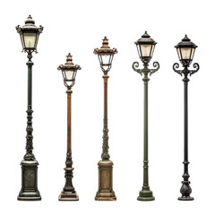 Fototapeta na wymiar Set of Vintage Lamp Posts - A Set of Vintage Lamp Posts Isolated Featuring Classic Design and Outdoor Lighting. Isolated on a Transparent Background. Cutout PNG.