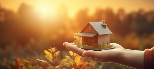 3d house model on human hands with blurred background   concept of insurance or bank loan - obrazy, fototapety, plakaty