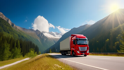 A beautiful truck is driving along a winding mountain road.