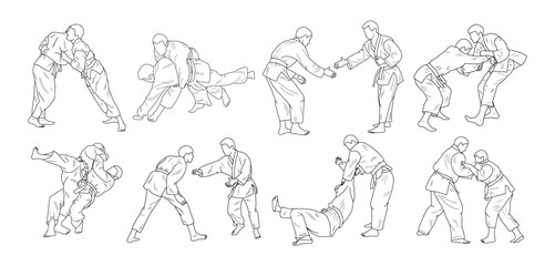 Line  sketch of sportive judoka fighter. Judoist, judoka, athlete, duel, fight, judo