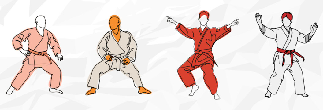 Kraftvolle Nahkampf-K&uuml;nstler: Lineart Vektorgrafik-Bundle von verschiedenen Nahkampfsportlern