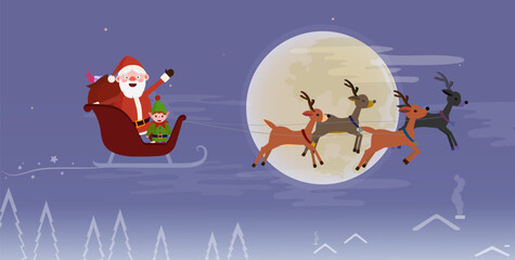 Naklejka premium Merry Christmas greeting card. Santa Claus and elf flying on a sleigh 