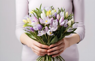 woman hands is holding a festive bouquet with snowdrops and striped crocus flowers on white background