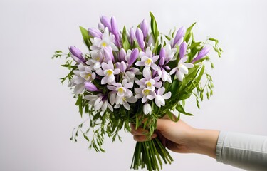 woman hands is holding a festive bouquet with snowdrops and striped crocus flowers on white background