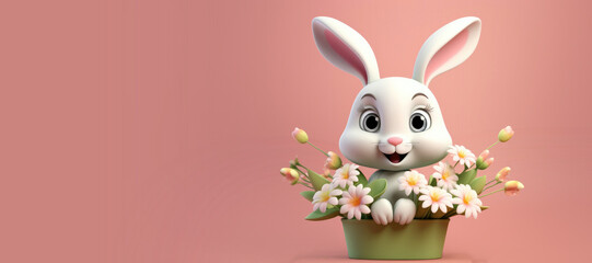 Obraz premium Cute Cartoon Easter Bunny in a Basket with Spring Flowers 