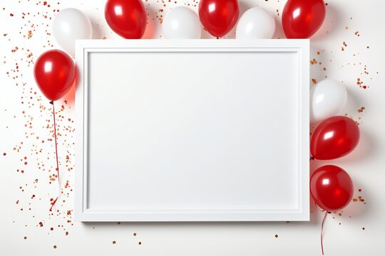 A white frame with red gold balloons and red glitter on it