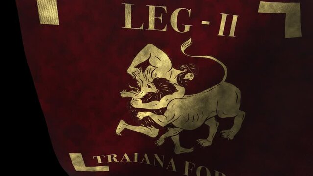 The Roman Legion Vexillum - LEG II Traiana Fortis. - Red flag animation on a black background