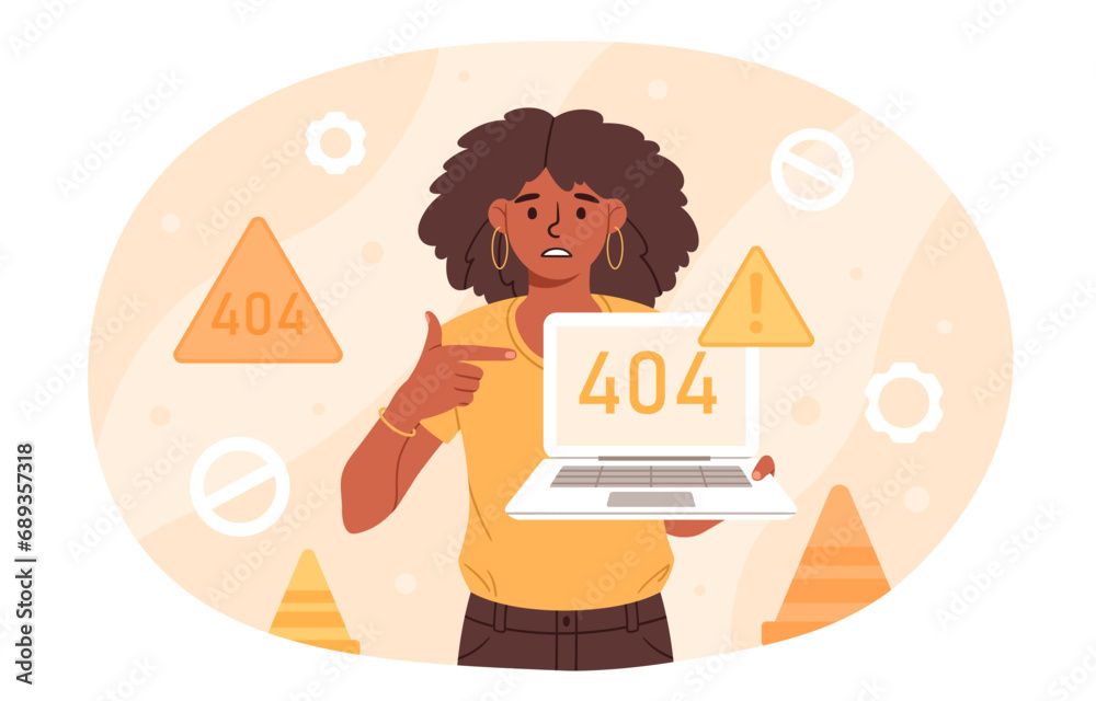 Poster 404 error page concept. woman try to get access to website. webpage not found, error. broken link an