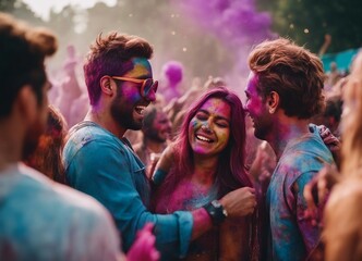 a group of friends having fun together at holi fest

