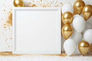 A white frame with balloons and gold glitter on it  - obrazy, fototapety, plakaty