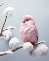 Close-up view of a pink bird perched on a snowy branch with cotton details, on a blue background
