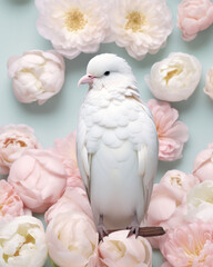 A majestic white bird stands out against a backdrop of delicate pastel pink peonies